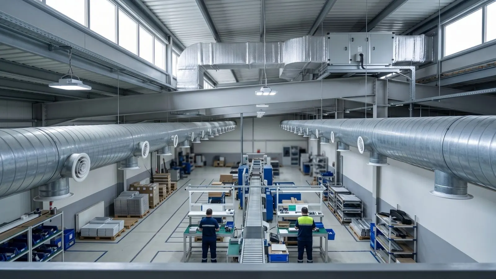 Fabrika üretim alanında çift hatlı spiral kanal ve tavan menfezleriyle taze hava dağıtımı