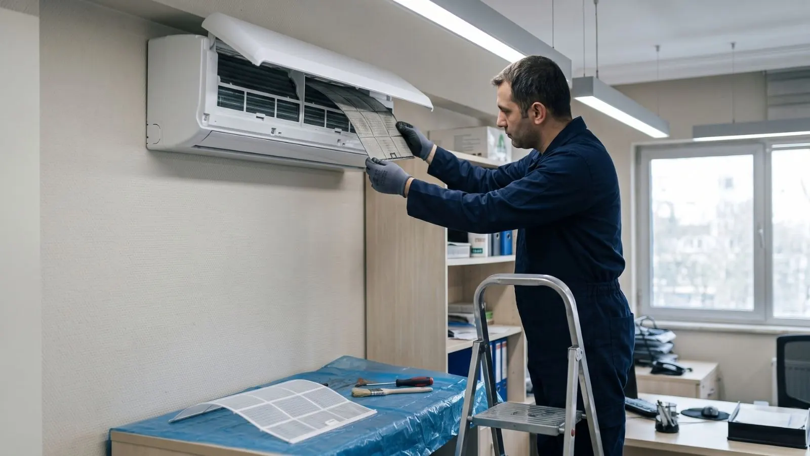 Teknisyen ofiste duvar tipi klima iç ünitesinin filtresini bakım için çıkarıyor