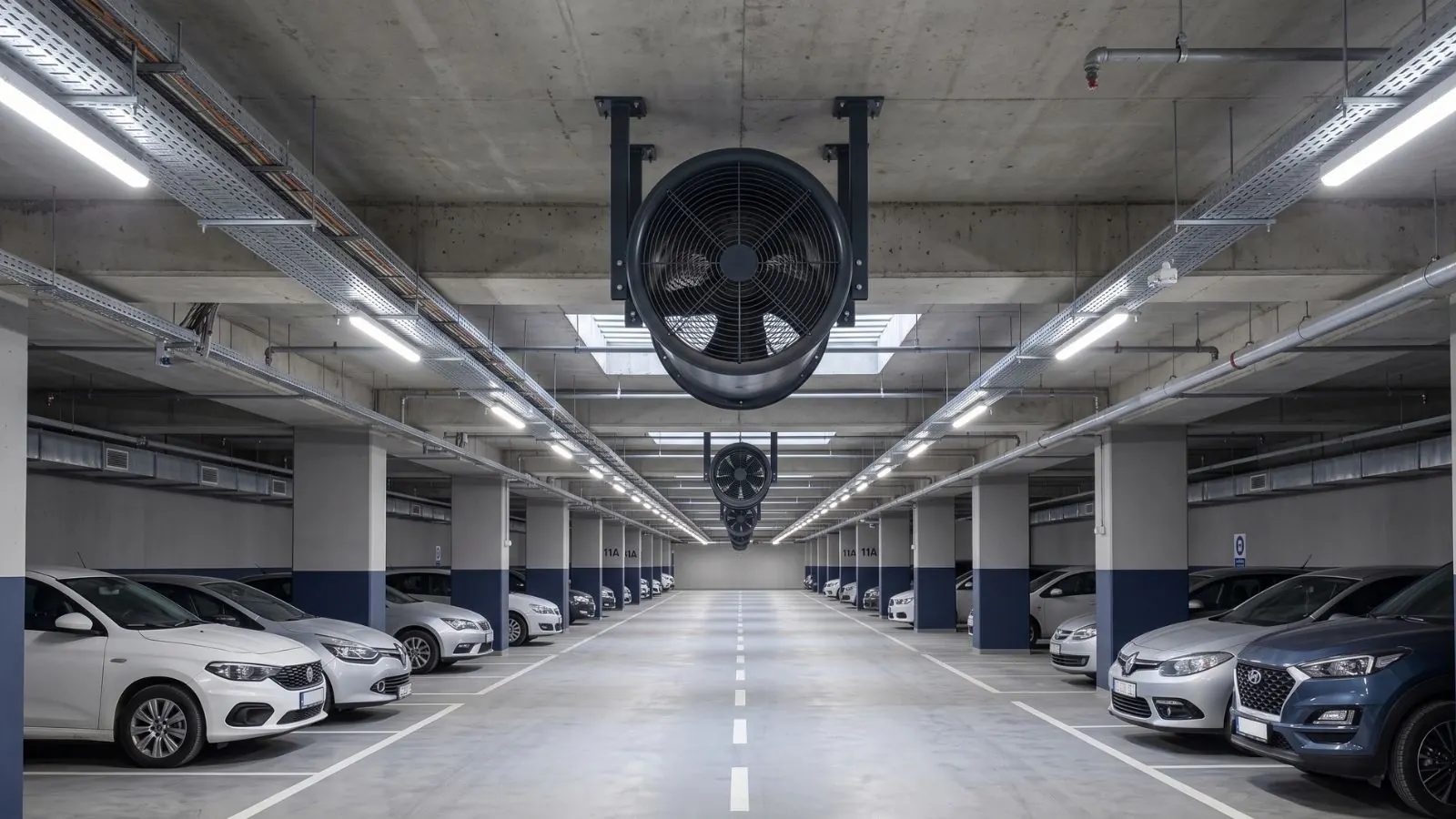 Kapalı otopark tavanında sıra hâlinde monte edilmiş jet fanlar