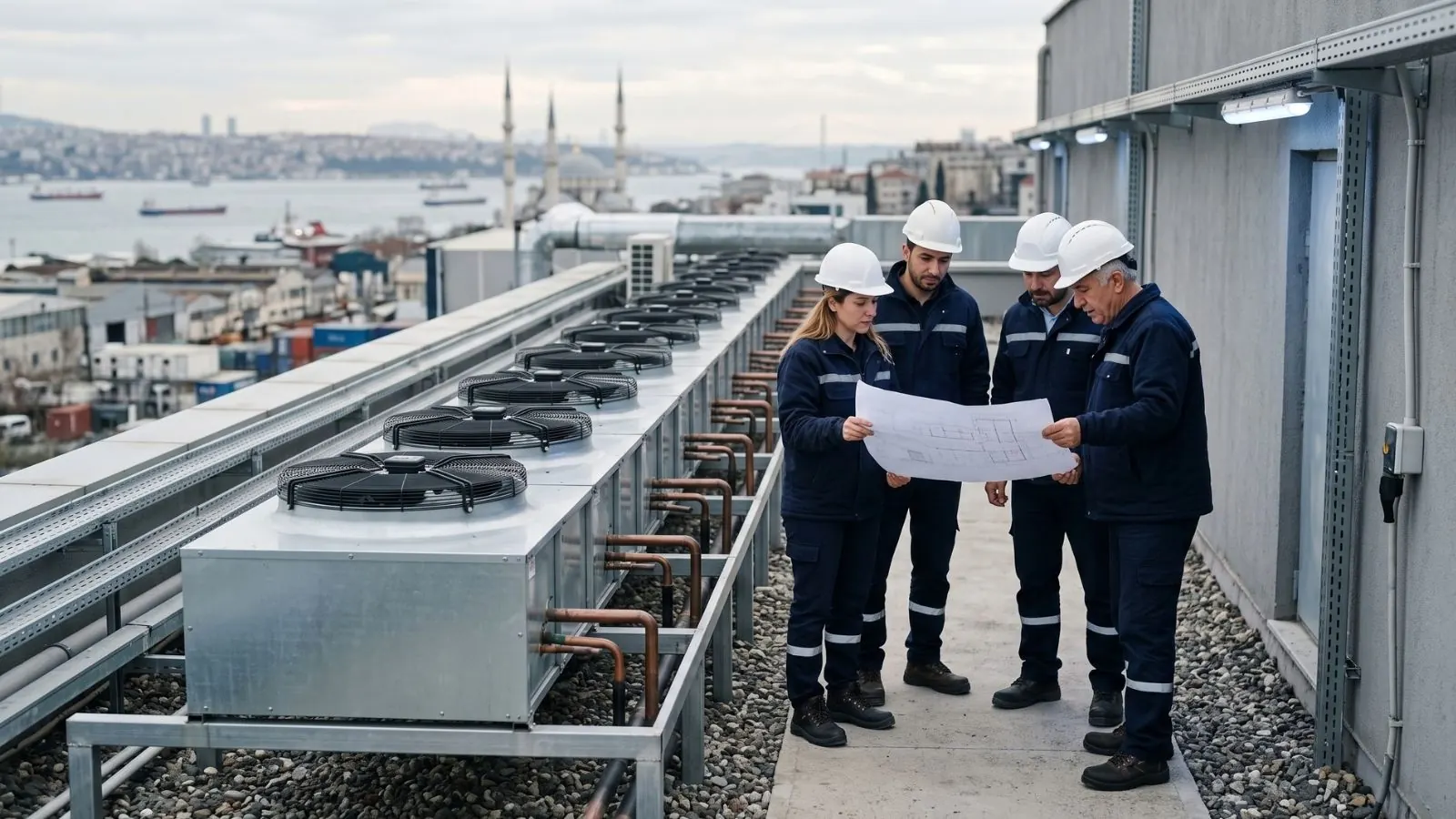 Inovair saha ekibi çatıdaki dış ünite hattı başında proje çizimini inceliyor
