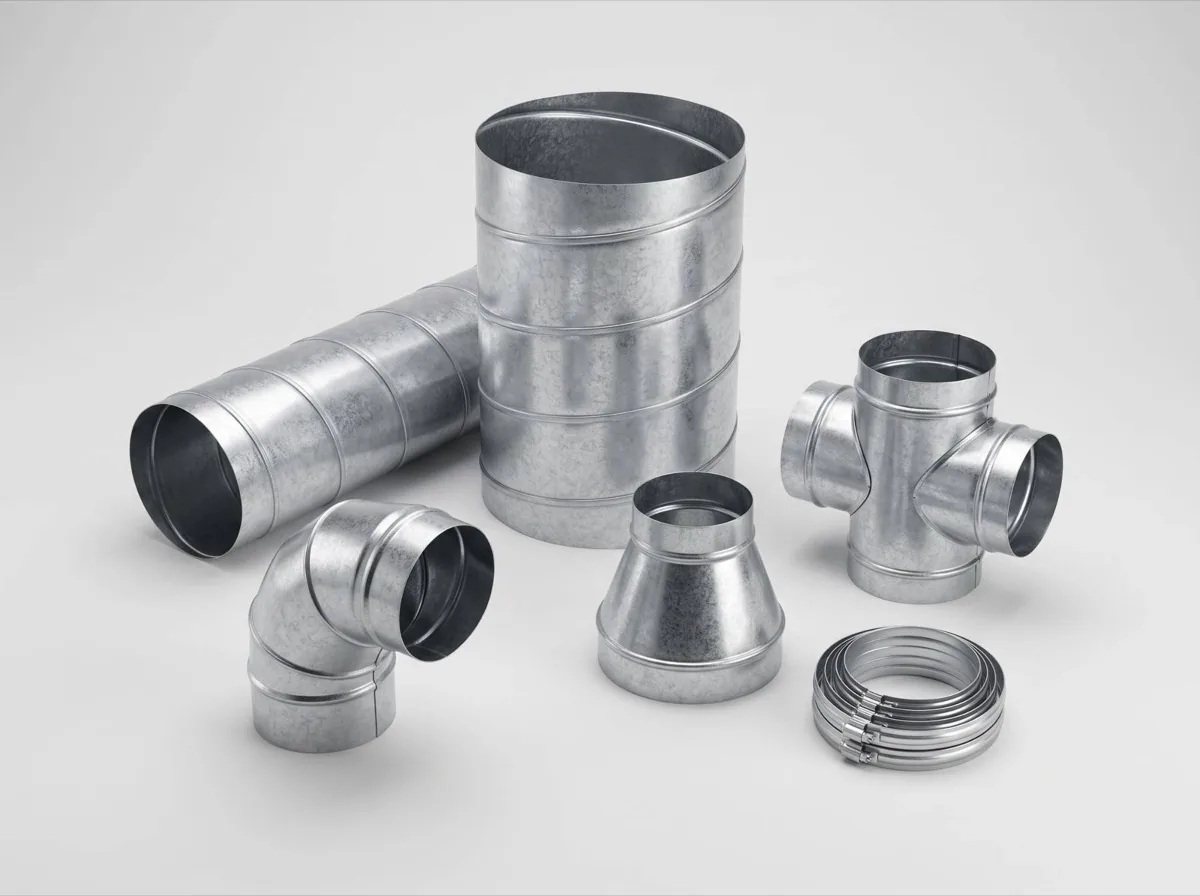 Galvaniz sac spiral hava kanalı ile dirsek, redüksiyon, T parça ve kelepçe bağlantı elemanları